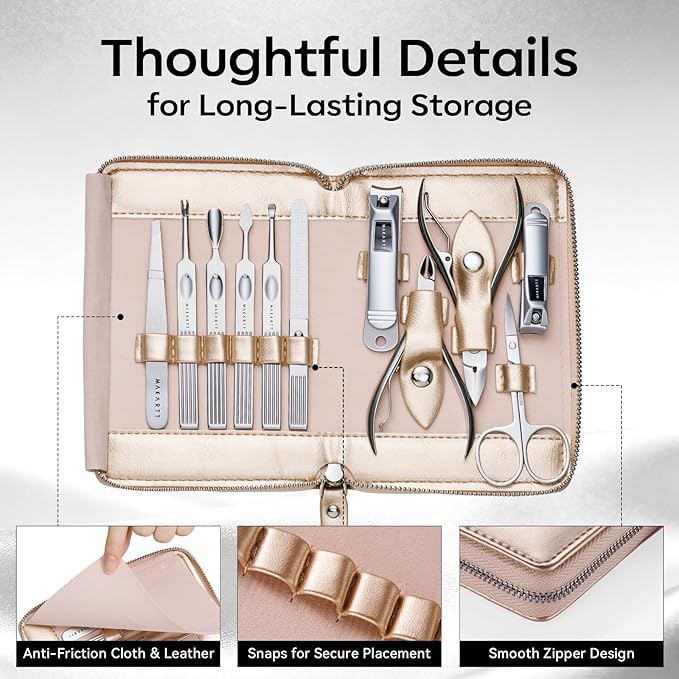 Makartt Manicure Kit for Women: Manicure Set with Nail Clippers - 11 pcs Stainless Steel Women Men Grooming Gift Travel Nail Kkit with Portable Rosy Gold Leather Case