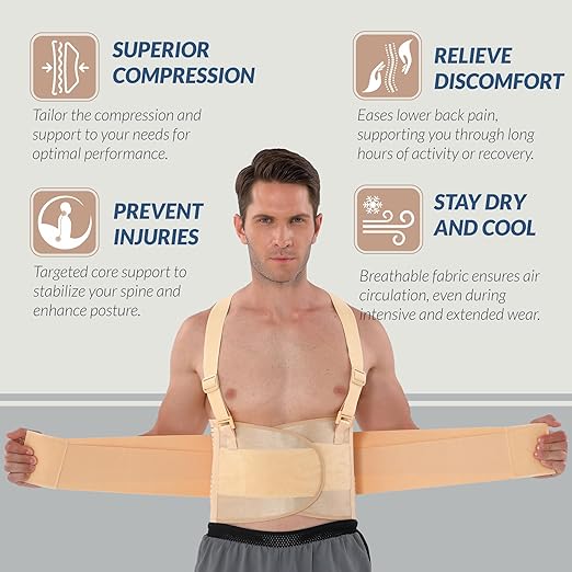 NeoTech Care Back Brace with Suspenders for Work - Industrial Lifting Safety, Elastic Compression, Hook & Loop Closure (Beige, Size L)