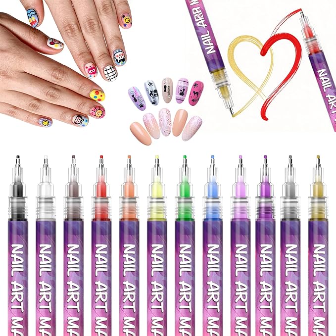 Nail Art Pens Set, 12 Vibrant Colors Nail Art Pens for Painting Nails, Quick Dry 0.5MM Fine Tip Nail Art Polish Markers, Acrylic Nail Pens for Nail Art Creation and Design, Party, DIY