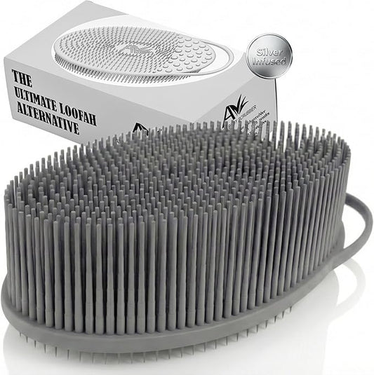 Avilana Silver Edition Exfoliating Body Scrubber - Silver-Ion Infused Silicone Bath Brush, ISO Tested Dual Sided, Stays Fresh Firm Bristles Smooth Rough Bumpy Skin Texture Loofah Alternative Women Men