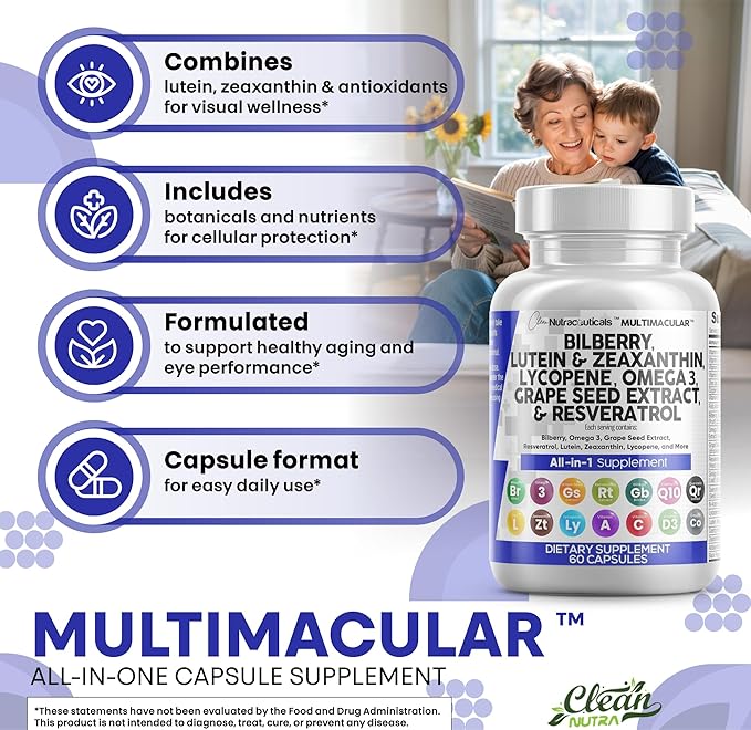 Clean Nutra Eye Vitamins with Bilberry Lutein and Zeaxanthin Supplements Lycopene 40mg Resveratrol Grape Seed Astaxanthin for Eyes - Eye Care Health Support (60 Count (Pack of 2))