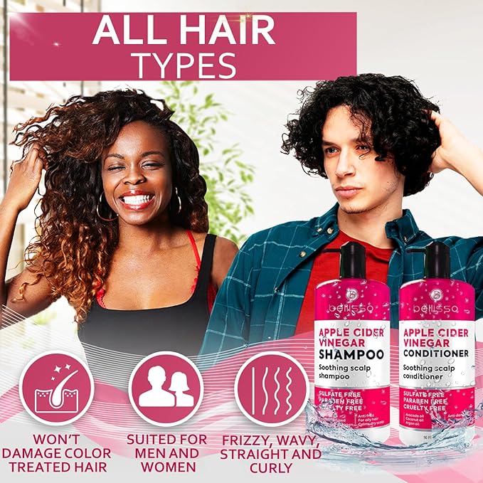 Apple Cider Vinegar Shampoo and Conditioner Set - Stop Flaky and Itchy Scalp – Sulfate Paraben Free Anti Dandruff Soothing Treatment for Dry, Oily and Damaged Hair - Intense Care for Women and Men