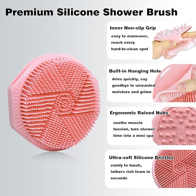 Silicone Body Scrubber for Men Women, Dual-Sided Gentle Exfoliating Body Scrubber Scalp Scrubber Massager for Deep Cleansing, Soft Silicone Loofah Body Brush with Hanging Holes (Pink)