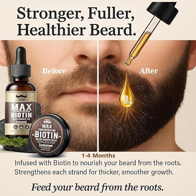 4X Concentration Biotin Beard Kit for Men – Unscented Oil & Sandalwood Balm Set (2 Pack) – Moisturizes, Softens & Promotes Growth – Premium Beard Grooming Gift for Father’s Day or Him