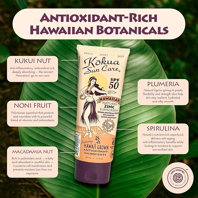 Kokua Sun Care Hawaiian Sunscreen Reef Safe SPF 50 | 3 oz | Zinc Oxide | Mineral Sunscreen | Face & Body | Moisturizing Sun Protection | Water Resistant | Chemical Free | Natural Ingredients
