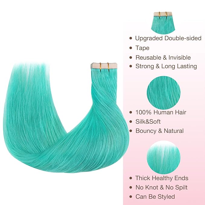 GOO GOO Tape in Hair Extensions Human Hair, Teal Green, 22inch 30g 10pcs, Colored Tape ins Human Hair Extensions, Silky&Soft Invisible Tape Ins, Hair Highlighted for Party