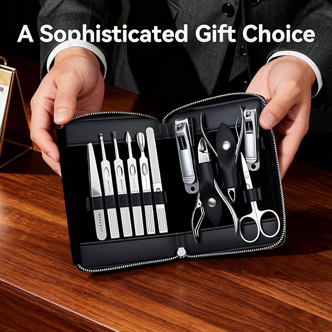 Makartt Manicure Kit: Professional Nail Care Clippers Set - 11 pcs Stainless Steel Tavel Women Men Fingernail Grooming Tool with Portable Black Leather Case