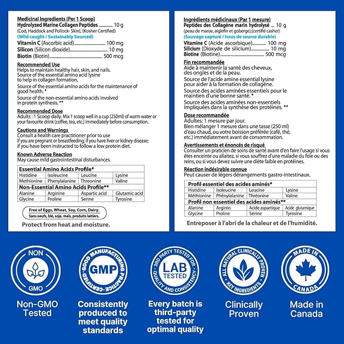 Nutridom Hydrolyzed Marine Collagen Peptides Powder, Wild-Caught from Nova-Scotia, Supports Hair, Skin & Nails, Non-GMO, Free of Gluten, Soy & Dairy (303 g)