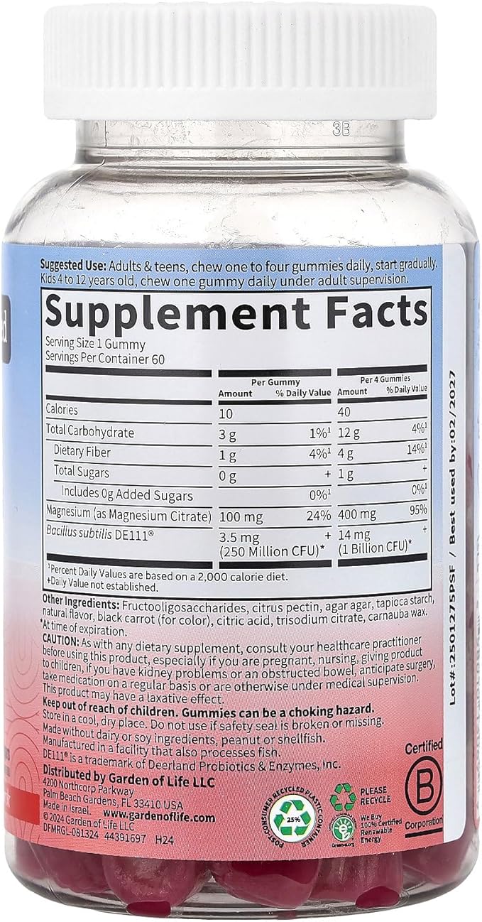 Garden of Life Magnesium Citrate Supplement Gummies with Prebiotics & Probiotics for Stress, Sleep & Recovery - Vegan, Gluten Free, Kosher, Non-GMO, No Added Sugars, Raspberry Flavor, 60 Count