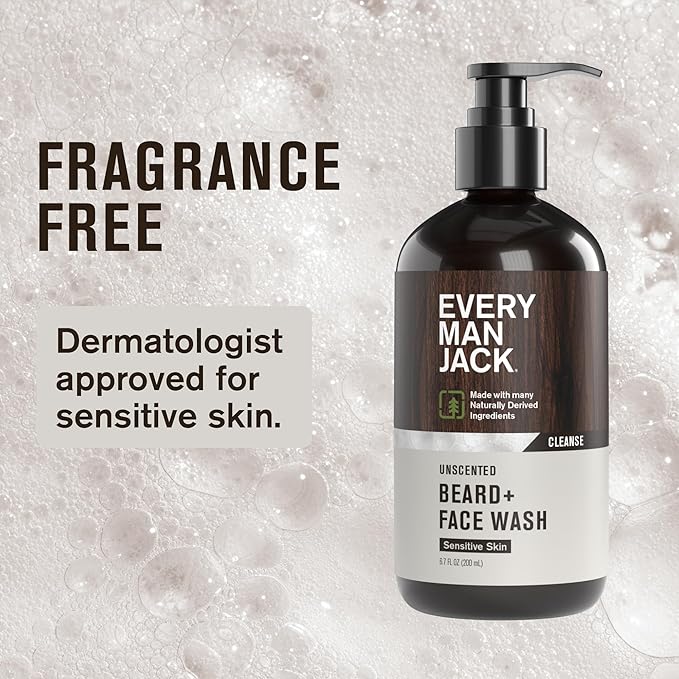 Every Man Jack Unscented Beard + Face Wash - Fragrance Free for Sensitive Skin - Naturally Cleanse and Condition Your Beard and Skin - 6.7-ounce (2 pack)