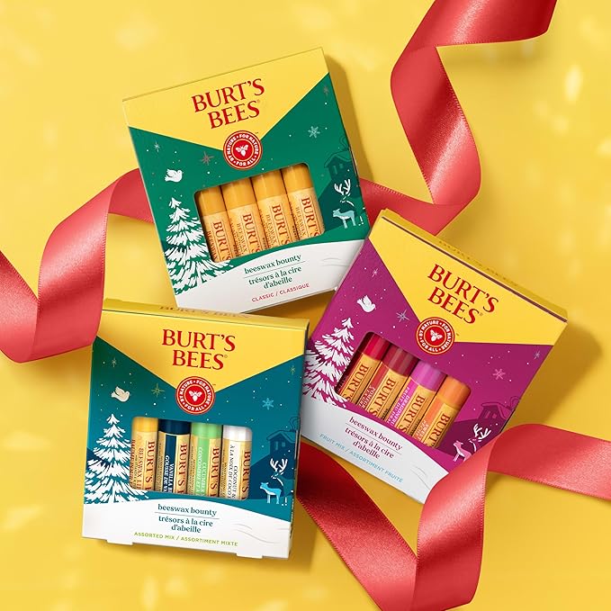 Burt's Bees Christmas Gifts, 4 Lip Balm Stocking Stuffers Products, Assorted Mix Set - Classic Beeswax, Vanilla, Cucumber Mint & Coconut and Pear (Pack of 4)