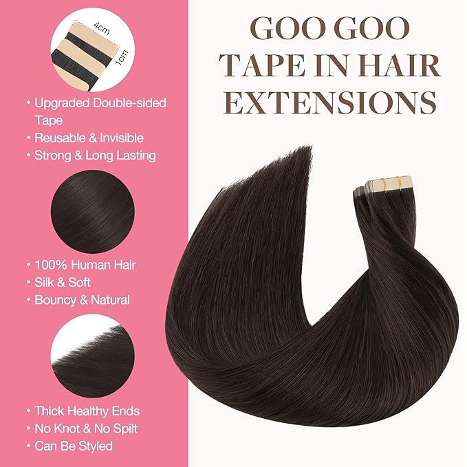 GOO GOO Tape in Hair Extensions Human Hair, 2A Light Brown, 20inch 100g 40pcs, Skin Weft Seamless Invisible, Silky Straight with Thick Ends, Remy Human Hair
