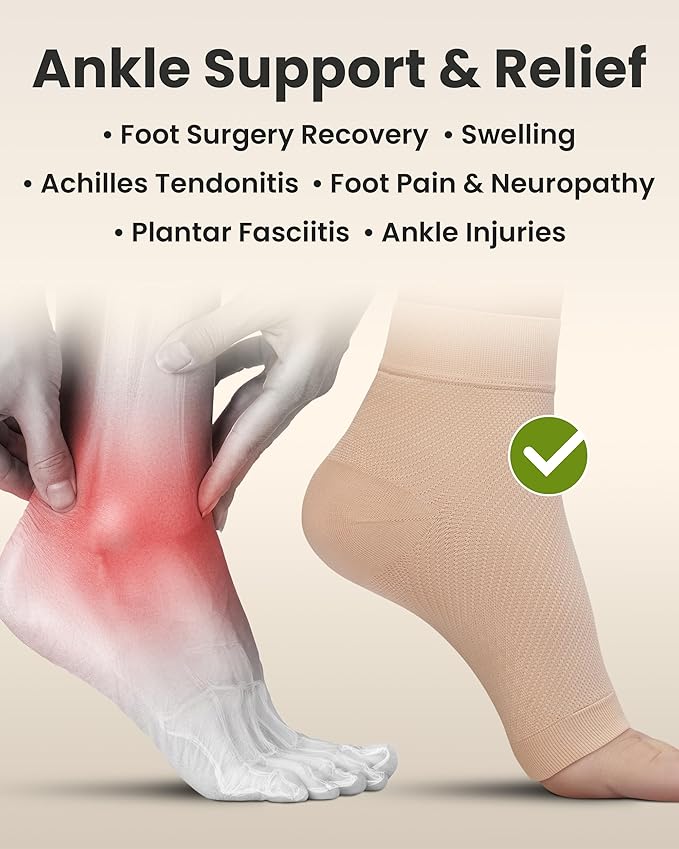 KEMFORD Ankle Compression Sleeve - 1-Pair, Plantar Fasciitis Braces - Open Toe Compression Socks for Swelling, Sprain, Neuropathy, Foot Arch Support for Men and Women - 20-30mmhg, M, Beige