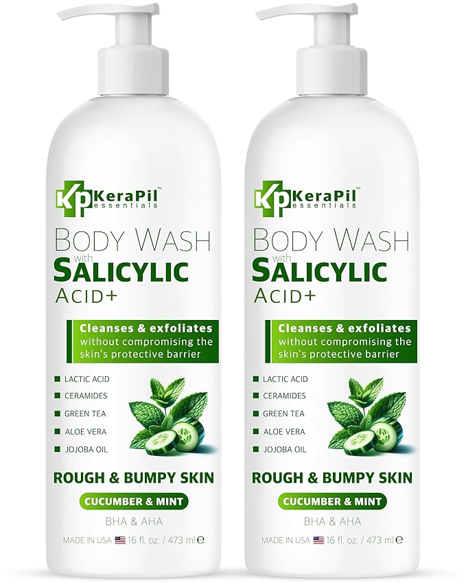 KERAPIL Exfoliating Body Wash with Salicylic Acid - No Dry Out, Gentle Exfoliates Rough and Bumpy Skin, Body Acne Wash, BHA & AHA - Cucumber and Mint Salicylic Acid Body Wash - (16 fl oz x 2)