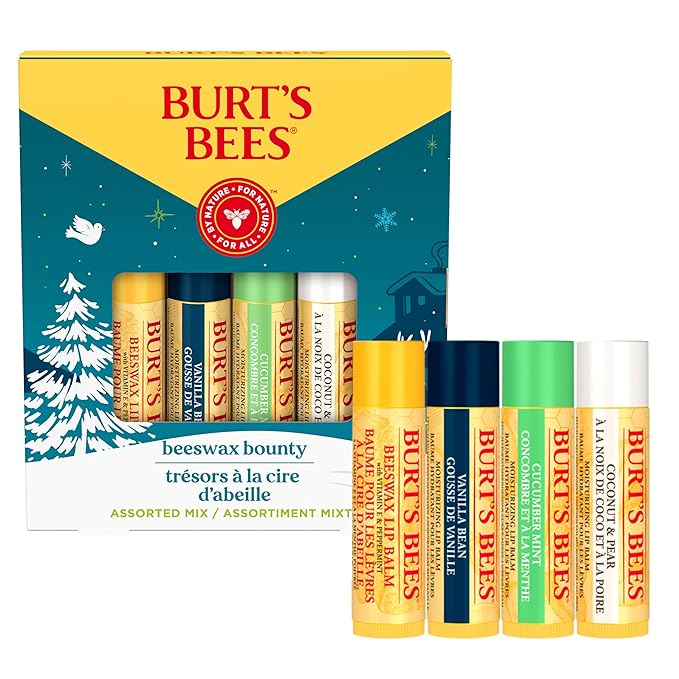 Burt's Bees Christmas Gifts, 4 Lip Balm Stocking Stuffers Products, Assorted Mix Set - Classic Beeswax, Vanilla, Cucumber Mint & Coconut and Pear (Pack of 4)