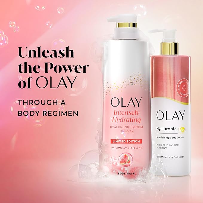 Olay Body Wash for Women, Intensely Hydrating, Pro-Hyaluronic Acid Serum Complex, Renews Moisture, Vitamin B3 Lameller Technology, For All Skin Types, Watermelon Summer Fizz Scent, 20 fl oz