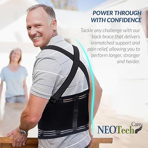 NeoTech Care Back Brace with Suspenders for Work - Industrial Lifting Safety, Elastic Compression, Hook & Loop Closure (Charcoal, Size XL)