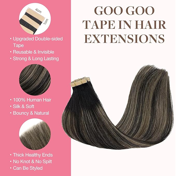 GOO GOO Tape in Hair Extensions Human Hair, 1B/19/1B Natural Black to Light Blonde, 22inch 100g 40pcs, Skin Weft Seamless Invisible, Silky Straight with Thick Ends, Remy Human Hair
