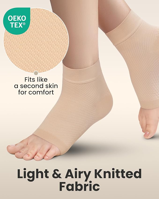 KEMFORD Ankle Compression Sleeve - 1-Pair, Plantar Fasciitis Braces - Open Toe Compression Socks for Swelling, Sprain, Neuropathy, Foot Arch Support for Men and Women - 20-30mmhg, 2XL, Beige