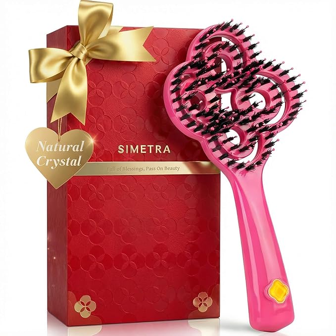 SIMETRA Lucky Hair Brush for Women, 14K Gold Plated Wet Brush Detangling Brush for All Hair Types, Natural Crystal Inlay Boar Bristle Hair brush, Curly Detangler HairBrush for Scalp Massage Gift