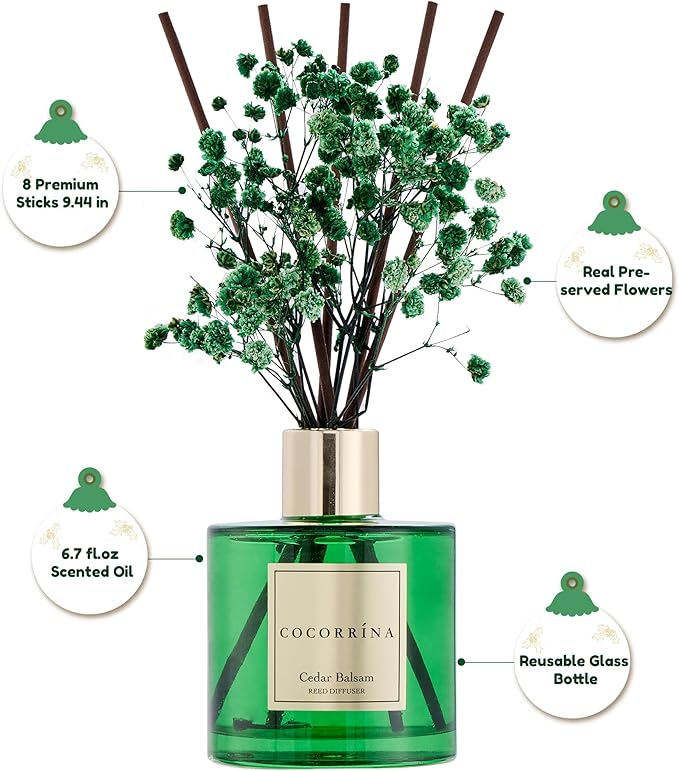 COCORRÍNA Reed Diffuser - Cedar Balsam 6.7 fl oz Diffuser with Sticks Bathroom Shelf Decor Christmas Reed Diffuser
