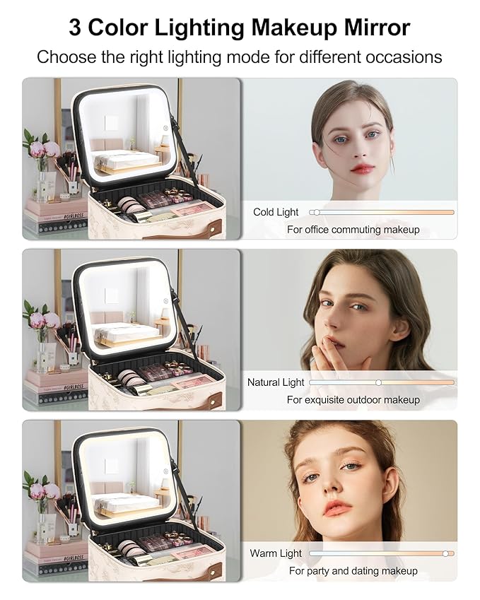 Relavel Travel Makeup Bag With LED Mirror, Portable Cosmetic Organizer Bag with Adjustable Brightness in 3 Color Scenarios, Small Train Case with Detachable Dividers for Trip- Lily Flower