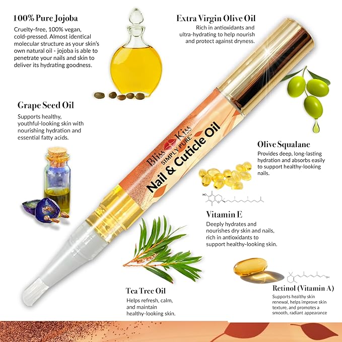 Bliss Kiss | 4 Pumpkin Spice Latte Scent Nail | Oil Cuticle Pen w/Vitamin E & Jojoba⏤Nail Strengthener Nail Growth Serum for Brittle Peeling Breaking Thin Nails