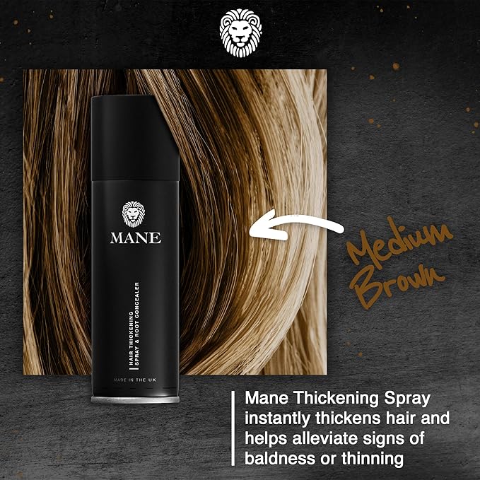 MANE Hair Thickening Spray & Root Touch Up, Seal & Control Combo Pack, Instantly Thicker Hair for Men & Women, Fill in Hairlines and Hide Thinning and Fine Patches - Medium Brown, 12 Colors (6.76 oz)