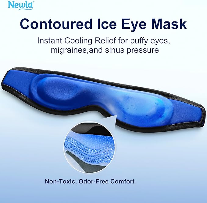 Contoured Cooling Gel Eye Mask: Snug Fit Cold Compress for Puffiness Migraines Dark Circles Sinus Eye Strain - Fits All Head Sizes - Daily Relaxation Beauty Care Travel (Black)