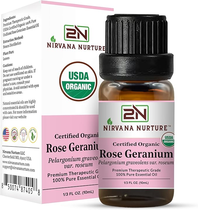 Rose Geranium Essential Oil USDA Certified Organic, 100% Pure Natural Premium Grade, Undiluted