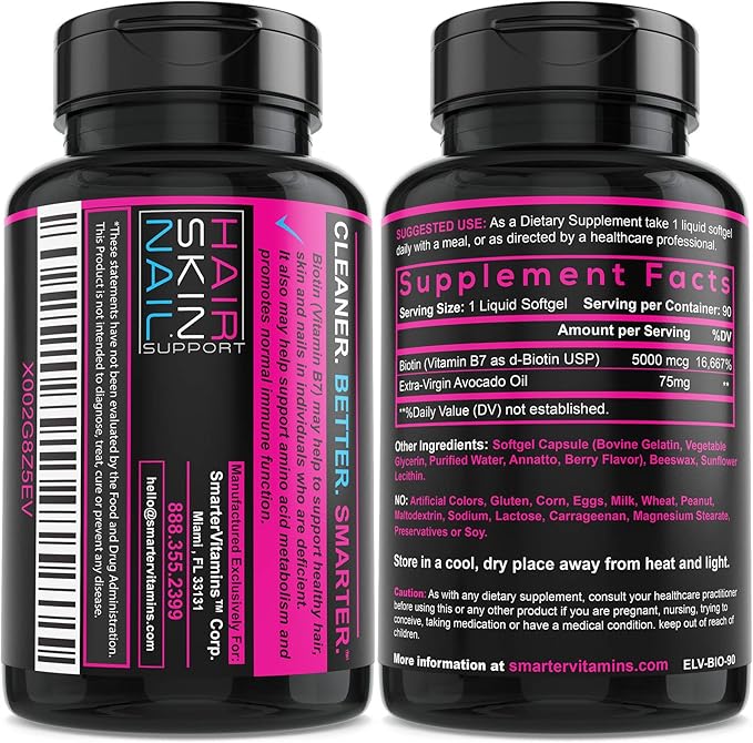Smarter Biotin 5000mcg in Avocado Oil, Vitamin B7, Hair, Skin & Nail Support, Non-GMO, 90 Mini Liquid Softgels, No Soy