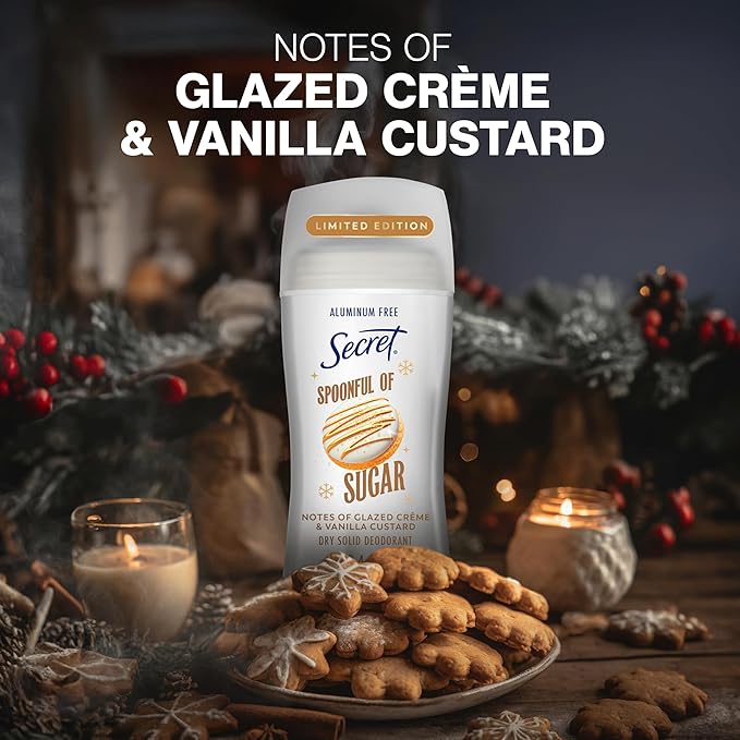 Secret Aluminum Free Deodorant for Women, 48hr Odor Protection with Pro-Hyaluronic Acid, PH Balancing Minerals, Holiday Dry Solid, Spoonful of Sugar with Glazed Crème & Vanilla Custard Scent, 2.4 oz