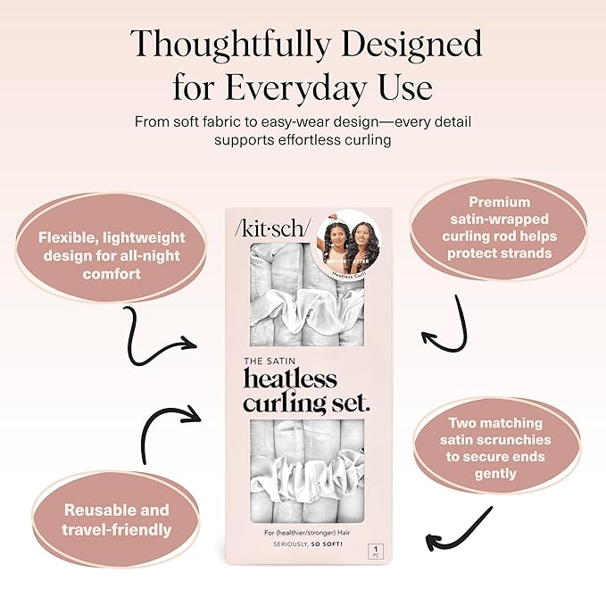 Kitsch Satin Heatless Curling Set – Heatless Curls Overnight with 34" Hair Curler & 2 Satin Scrunchies – Comfortable Hair Curlers to Sleep In for Frizz-Free, No Heat Damage Styling - Marble
