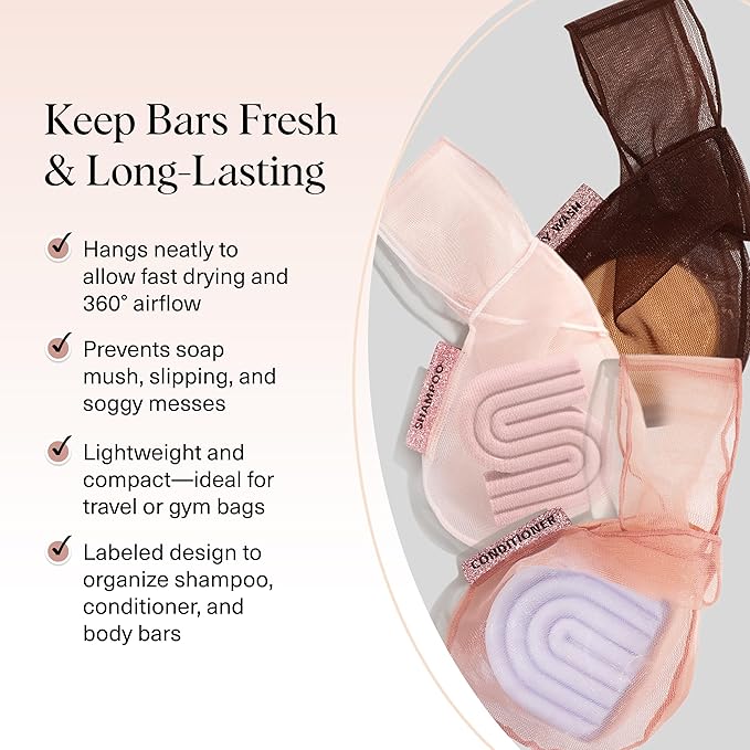 Kitsch Bar Soap Saver Bag – Patented Mesh Bag Soap Holder for Shampoo, Conditioner & Body Wash Bar - Extends Use & Prevents Soggy Mess - Recycled Mesh Pouch - Blush, Terracotta & Chocolate, 3pc Set