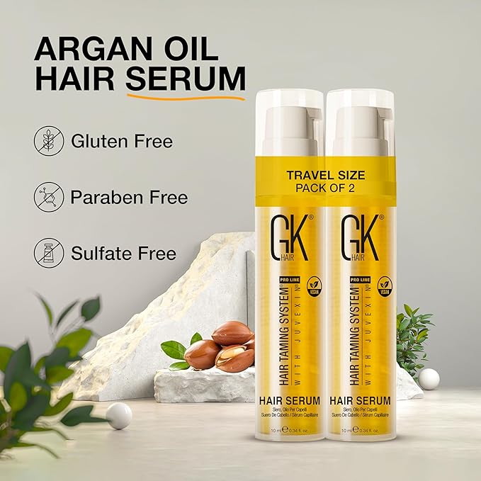 GK HAIR Travel Size Hair Oil - Vegan Argan Oil Frizz Ease Serum- Adds Smooths, Softness & repair Split Ends Paraben, Phthalate and Sulfate Free Pack of 2(0.34 oz)