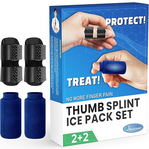 Thumb Splint and Ice Pack (2+2 Set) Trigger Thumb Splint For Pain Relief, Thumb Brace for Knuckle Immobilization, Thumb Spica for Arthritis, Mallet Finger, Also Fits Index, Ring, Pinky, Little, Small Fingers