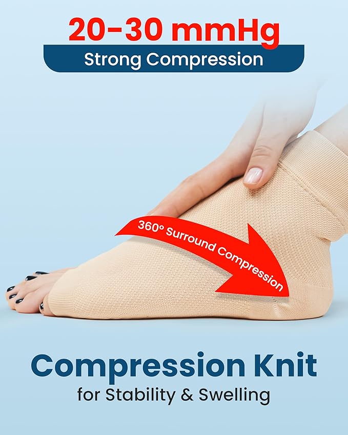 KEMFORD Ankle Compression Sleeve with Cooling Effect - 1-Pair, Plantar Fasciitis Braces - Open Toe Compression Socks for Swelling, Sprain, Neuropathy, Arch Support for Men and Women - M, Arctic Beige