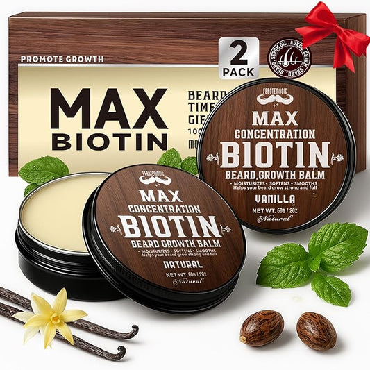 2 Pack Biotin Beard Balm Set for Men – Natural & Vanilla Butters – Non-Itchy, Moisturize, Strengthen & Shape Beards – Grooming Gift Set for Father's Day, Anniversaries, Christmas (Natural & Vanilla)