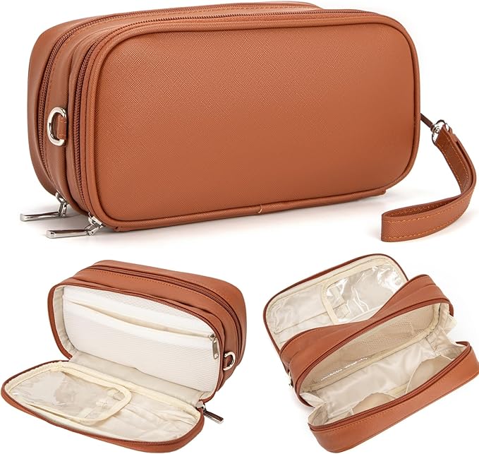 Makeup Bag for Women, Wide-open Makeup Organizer with Makeup Brush Holder, Waterproof Cosmetic Bag with Compartment, Portable Travel-Size Toiletry Bag for Traveling, Large Make Up Bag (Brown)