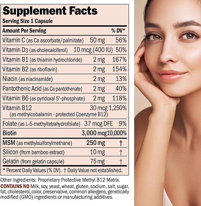 ANDREW LESSMAN Healthy Hair, Skin and Nails 240 Capsules - 3000 mcg High Bioactivity Biotin, B-Complex. Promotes Beautiful Skin, Strong Nails. No Additives Hair Growth Vitamins Biotin Supplement