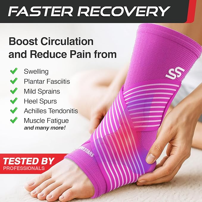 Sleeve Stars Ankle Brace for Women & Men, Ankle Wrap for Sprain, Compression Sleeve for Plantar Fasciitis Relief, Easy Customizable Support: w/ Removable Strap (Single/M:10"-12"/Hot Pink)