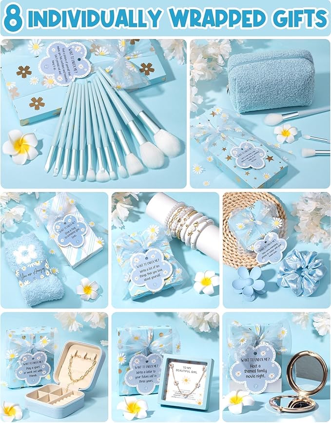 Valentines Day Gifts for Tween & Teen Girls - 8 PCS Birthday Gift Basket Teenage Girl Gifts Trendy Stuff w/ Fun Task Tags Makeup Brushes & Bag, Empower Positive Wrapped Gift Box for Daughter Niece