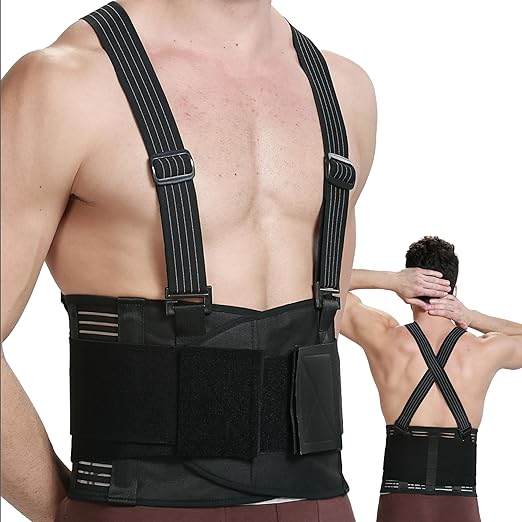 NeoTech Care Back Brace with Suspenders for Work - Industrial Lifting Safety, Elastic Compression, Hook & Loop Closure (Charcoal, Size L)