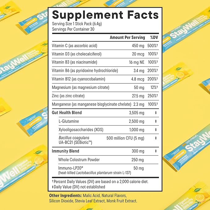 Daily Nouri StayWell Digestive & Immunity Drink Mix | Gut Health, Digestion, Immunity & Energy | Probiotics, Prebiotics, Colostrum & Daily Vitamins | 30 Stick Packs