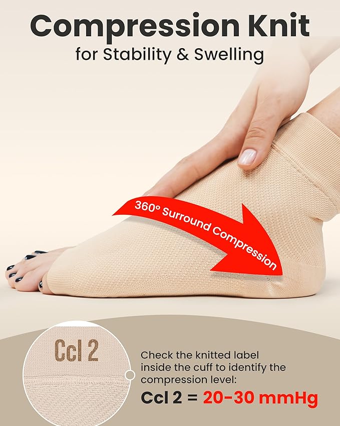 KEMFORD Ankle Compression Sleeve - 1-Pair, Plantar Fasciitis Braces - Open Toe Compression Socks for Swelling, Sprain, Neuropathy, Foot Arch Support for Men and Women - 20-30mmhg, M, Beige