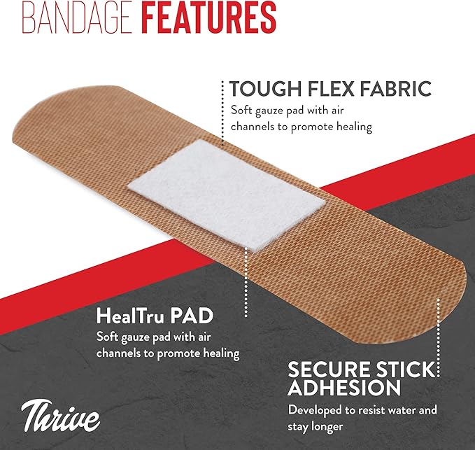 Thrive Bulk Fabric Adhesive Bandages Variety Pack - Portable Zipper Pouch for Travel & Car First Aid Kit - Waterproof & Latex-Free Bandages for Camping & Hiking First Aid Kit - 305 Piece Set, Red