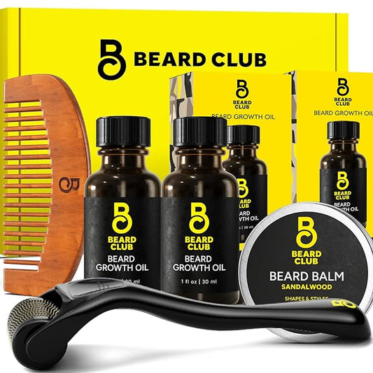 The Beard Club Enhanced Beard Growth Kit - Derma Roller, Beard Growth Oil (2PK), Sandalwood Beard Balm, Comb - Gift Set