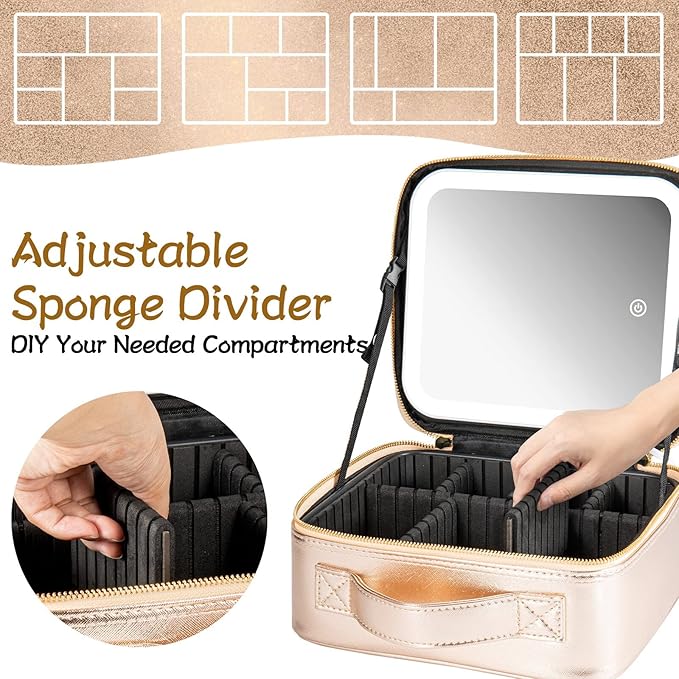 Makeup Travel Train Case with Mirror LED Light 3 Adjustable Brightness Large Cosmetic Bag Portable Storage Adjustable Partition Waterproof Make up Brushes Makeup Jewelry Gift for Women