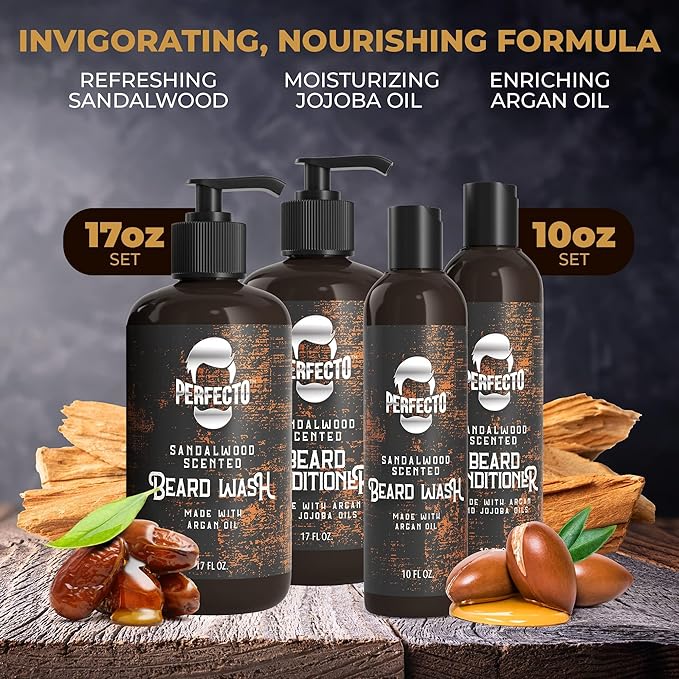 Perfecto Beard Wash & Beard Conditioner Set with Argan and Jojoba Oils - Strengthens and Softens - Natural Sandalwood Scent