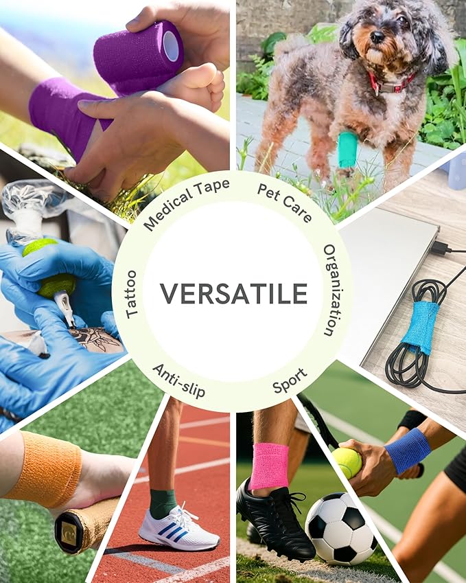 FriCARE Self Adhesive Bandage Wrap, Medical Tape in First Aid Kit, Cohesive Bandages for Wounds Sport Vet, 2 Inches X 5 Yards 6 Rolls, Rainbow